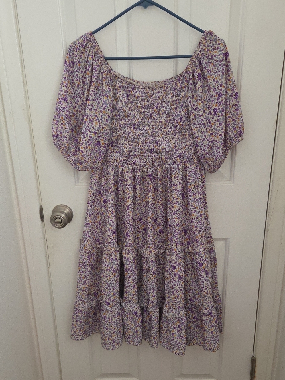 SHEIN Purple Floral Puff-Sleeve Smocked Midi Dress